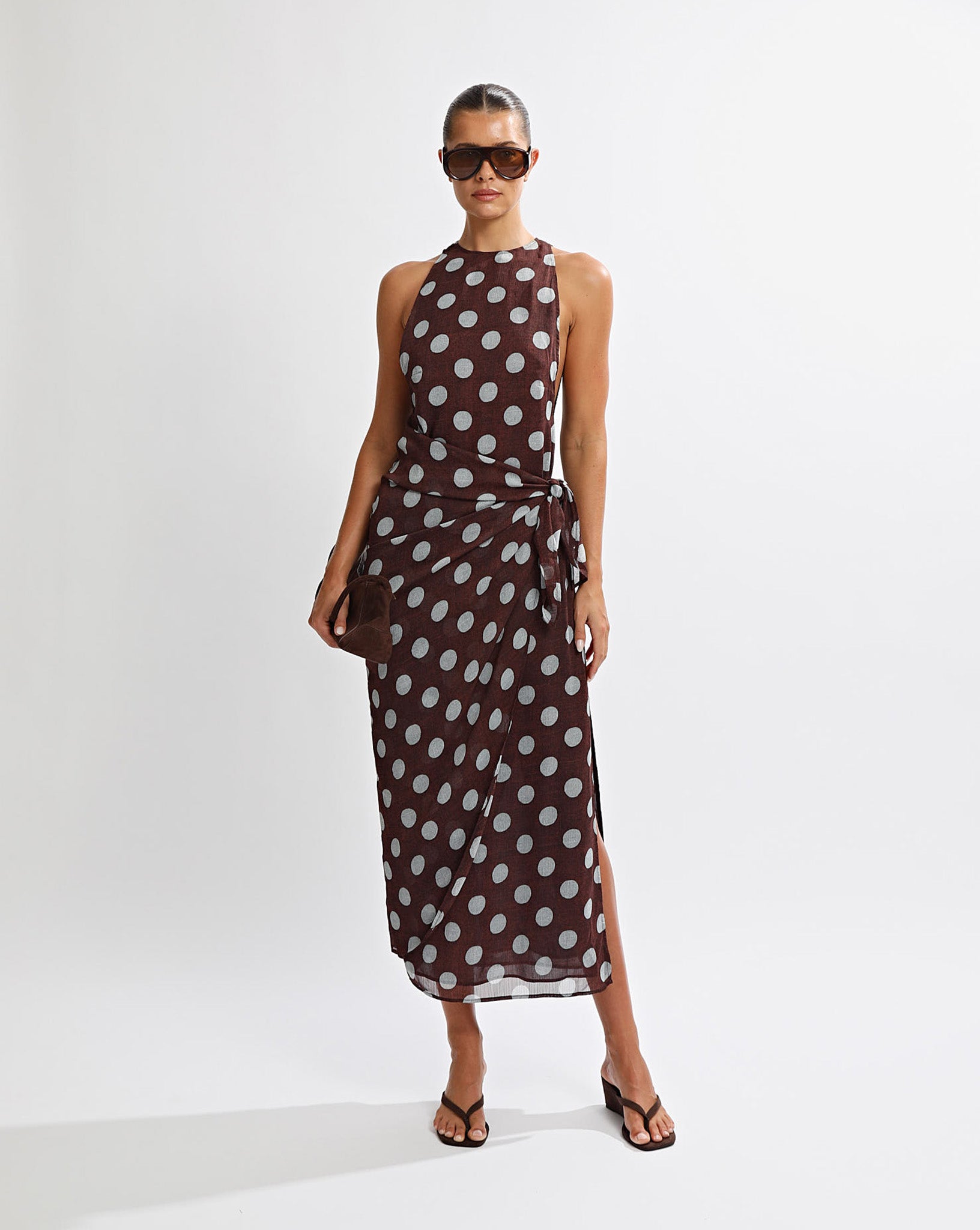 Suri Wrap Maxi Dress Brown/Blue Polka – One Mile The Label