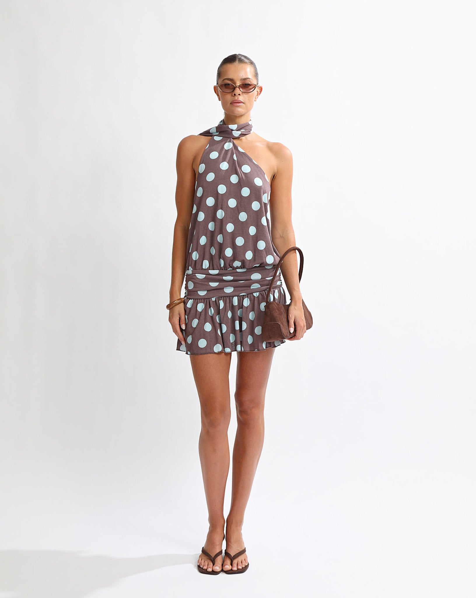 Mira Mini Dress Brown/Blue Polka One Mile The Label Mira Mini Dress Brown/Blue Polka One Mile The Label