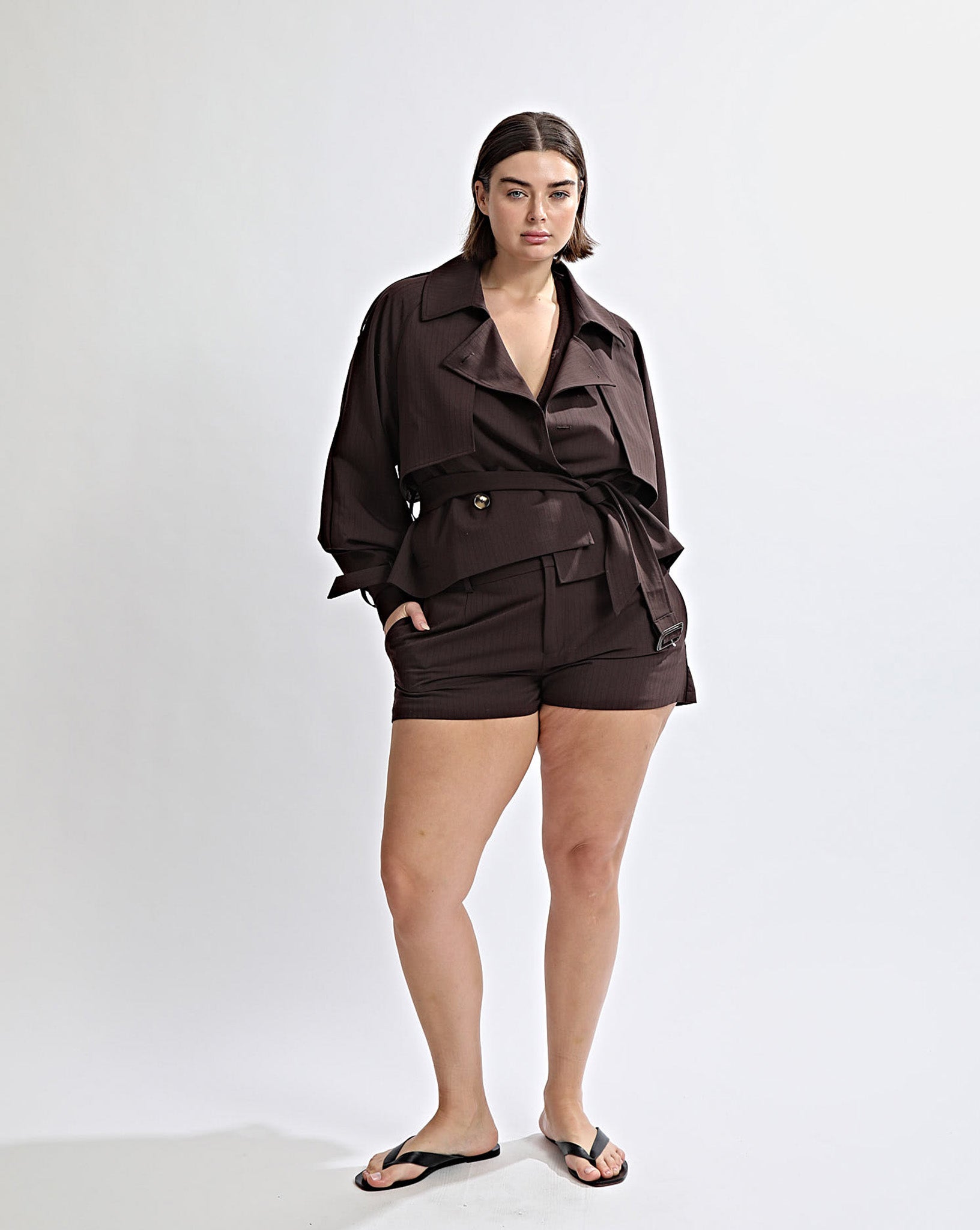 Emmy Cropped Trench Brown Stripe