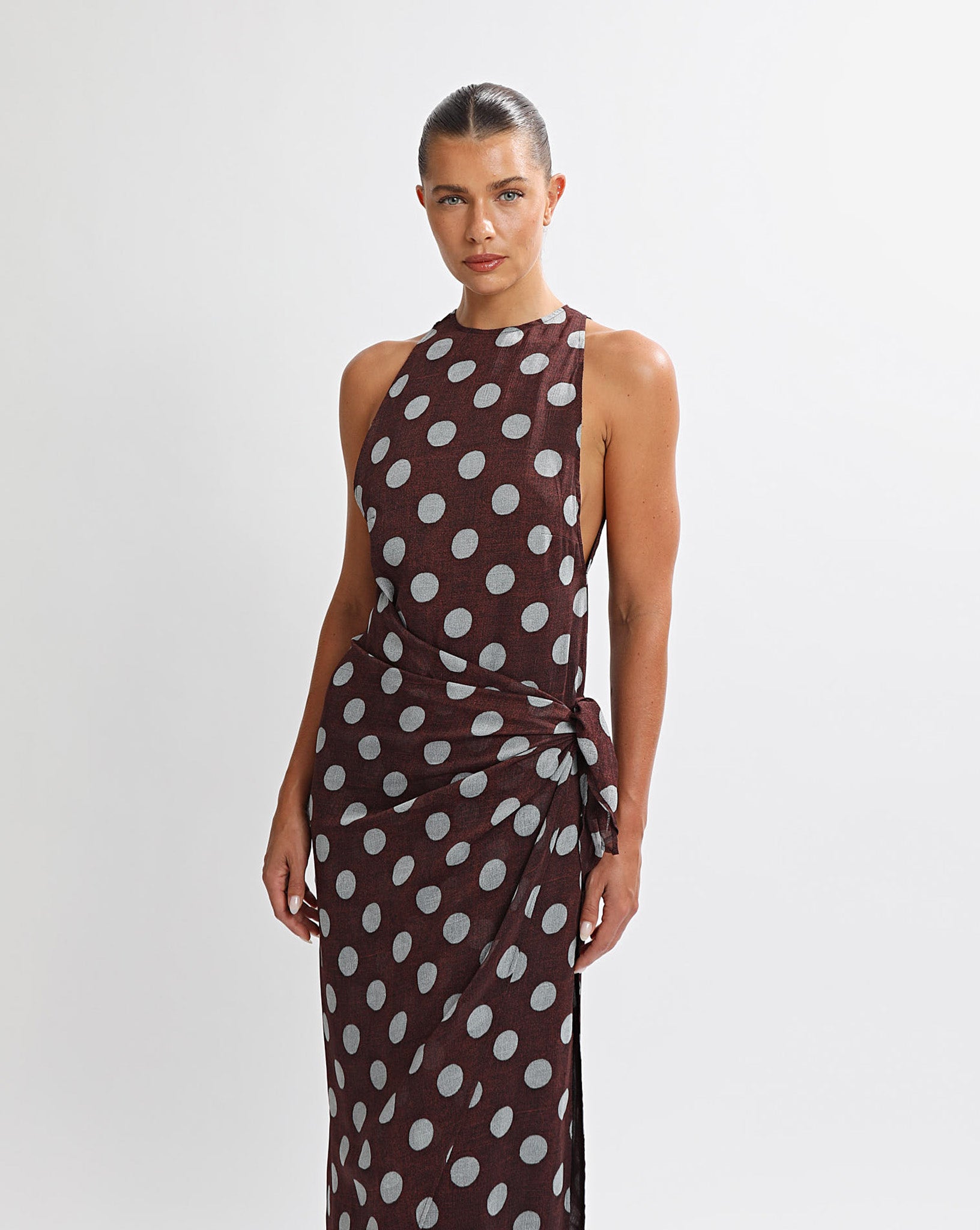 Suri Wrap Maxi Dress Brown/Blue Polka One Mile The Label Suri Wrap Maxi Dress Brown/Blue Polka One Mile The Label