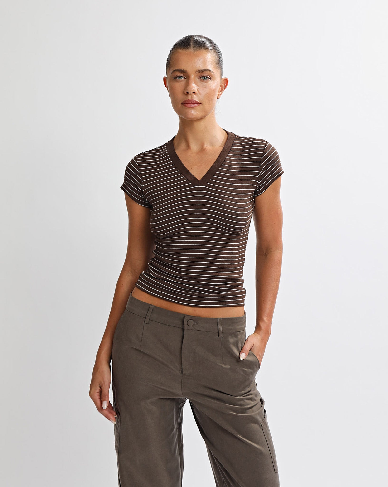 Zeya V Neck Tee Brown/Cream Stripe