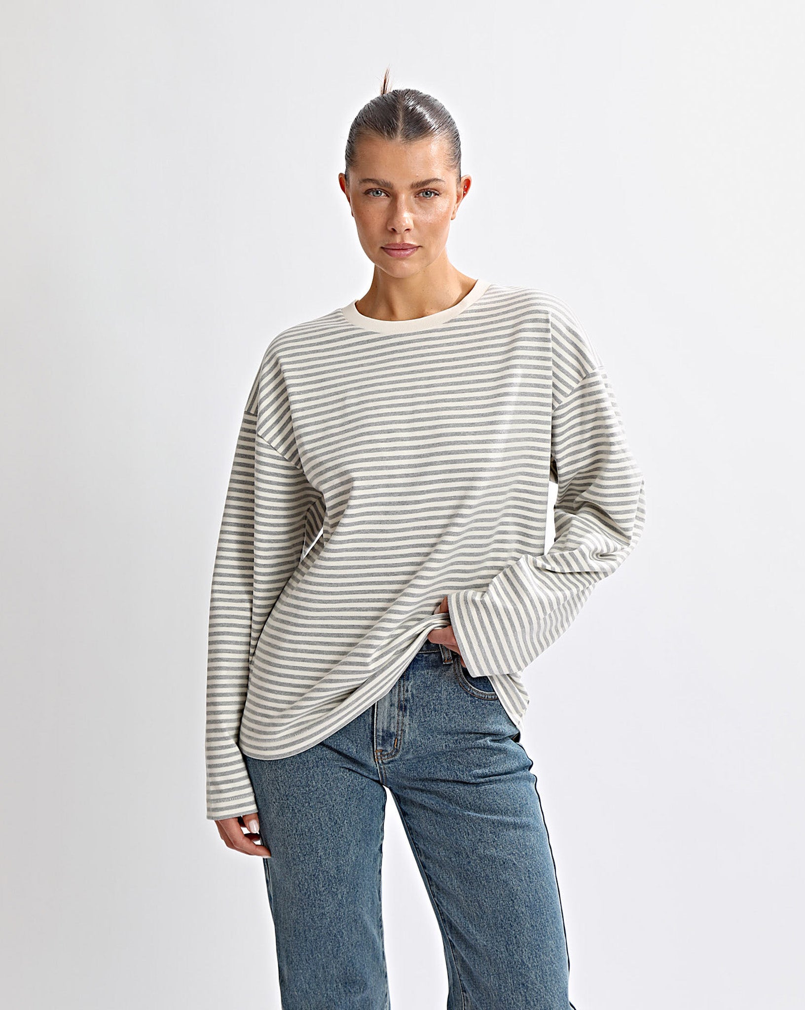 Milan Long Sleeve Top Grey/White