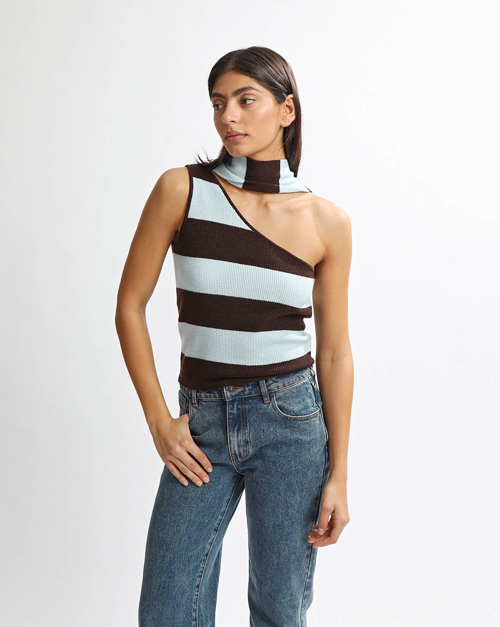 Charlotte Scarf Top Blue/Brown Stripe