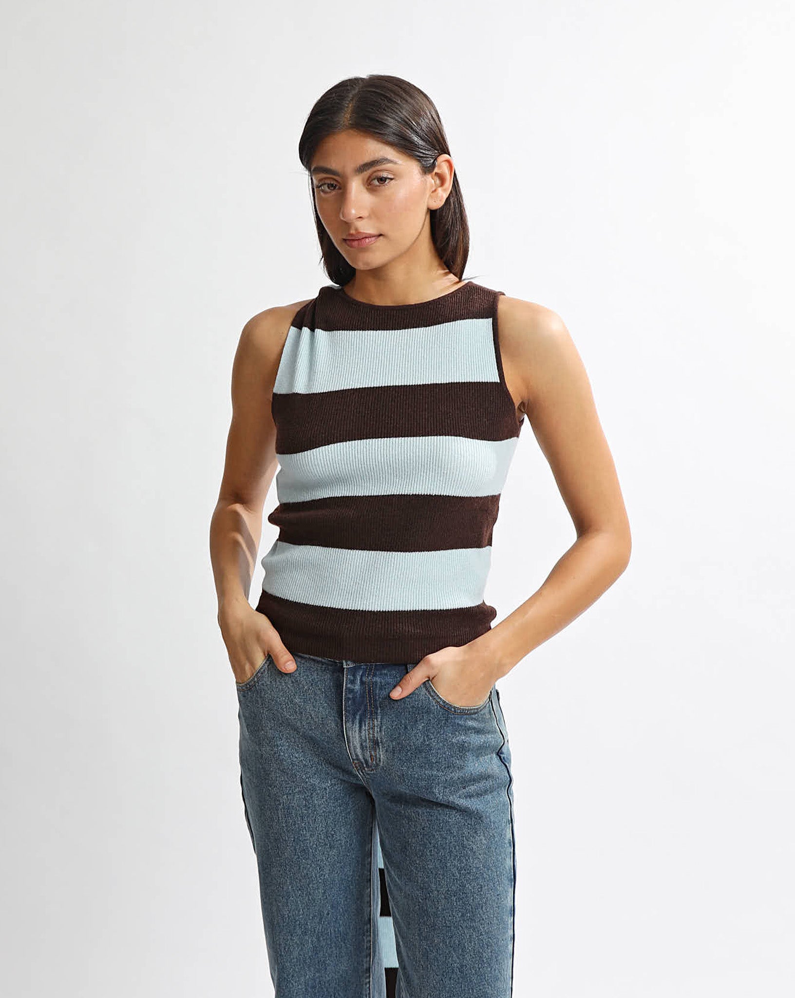 Charlotte Scarf Top Blue/Brown Stripe