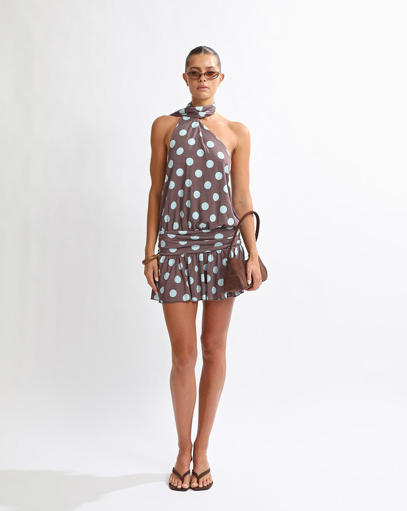 Mira Mini Dress Brown/Blue Polka One Mile The Label Mira Mini Dress Brown/Blue Polka One Mile The Label