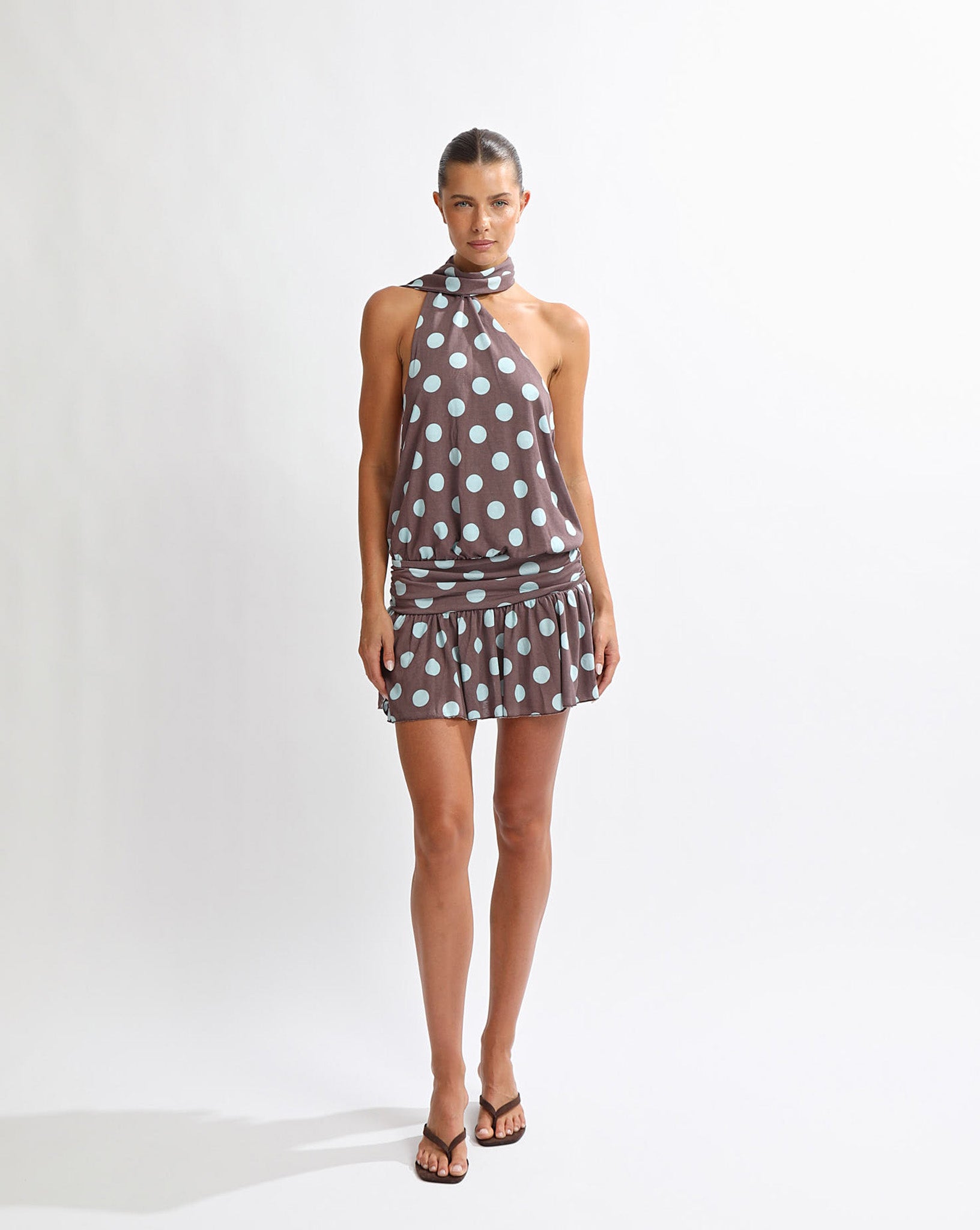 Mira Mini Dress Brown/Blue Polka