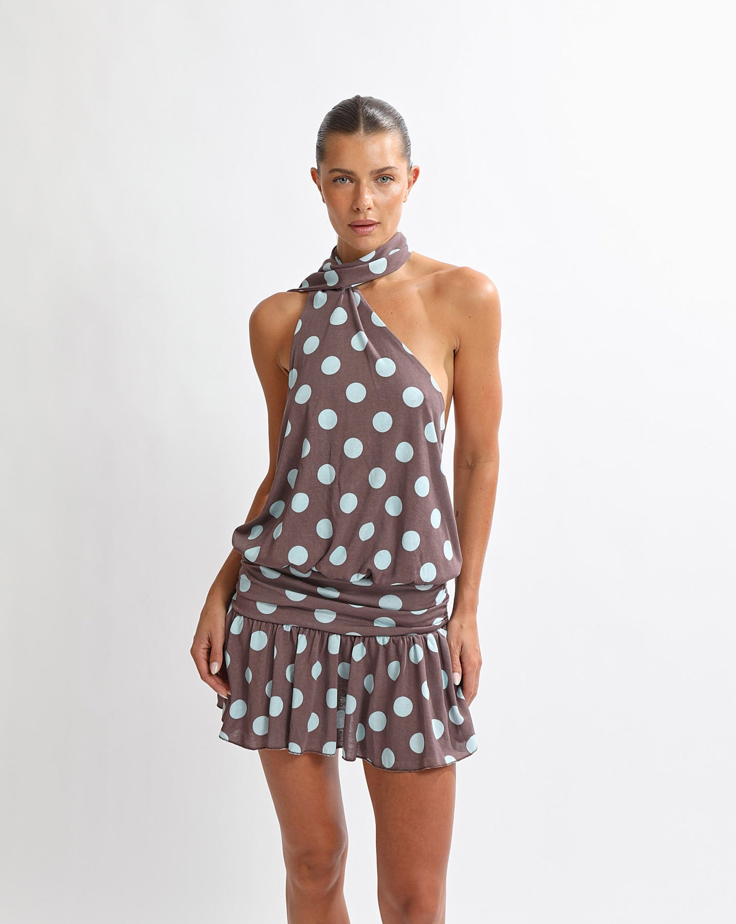 Mira Mini Dress Brown/Blue Polka One Mile The Label Mira Mini Dress Brown/Blue Polka One Mile The Label