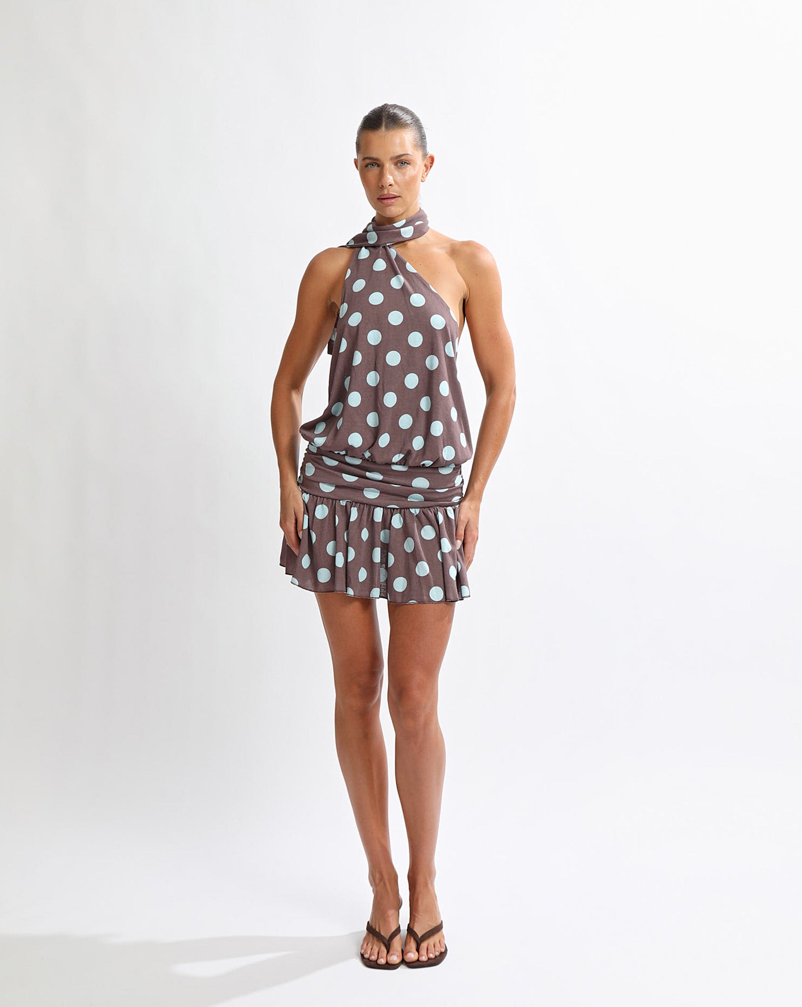Mira Mini Dress Brown/Blue Polka