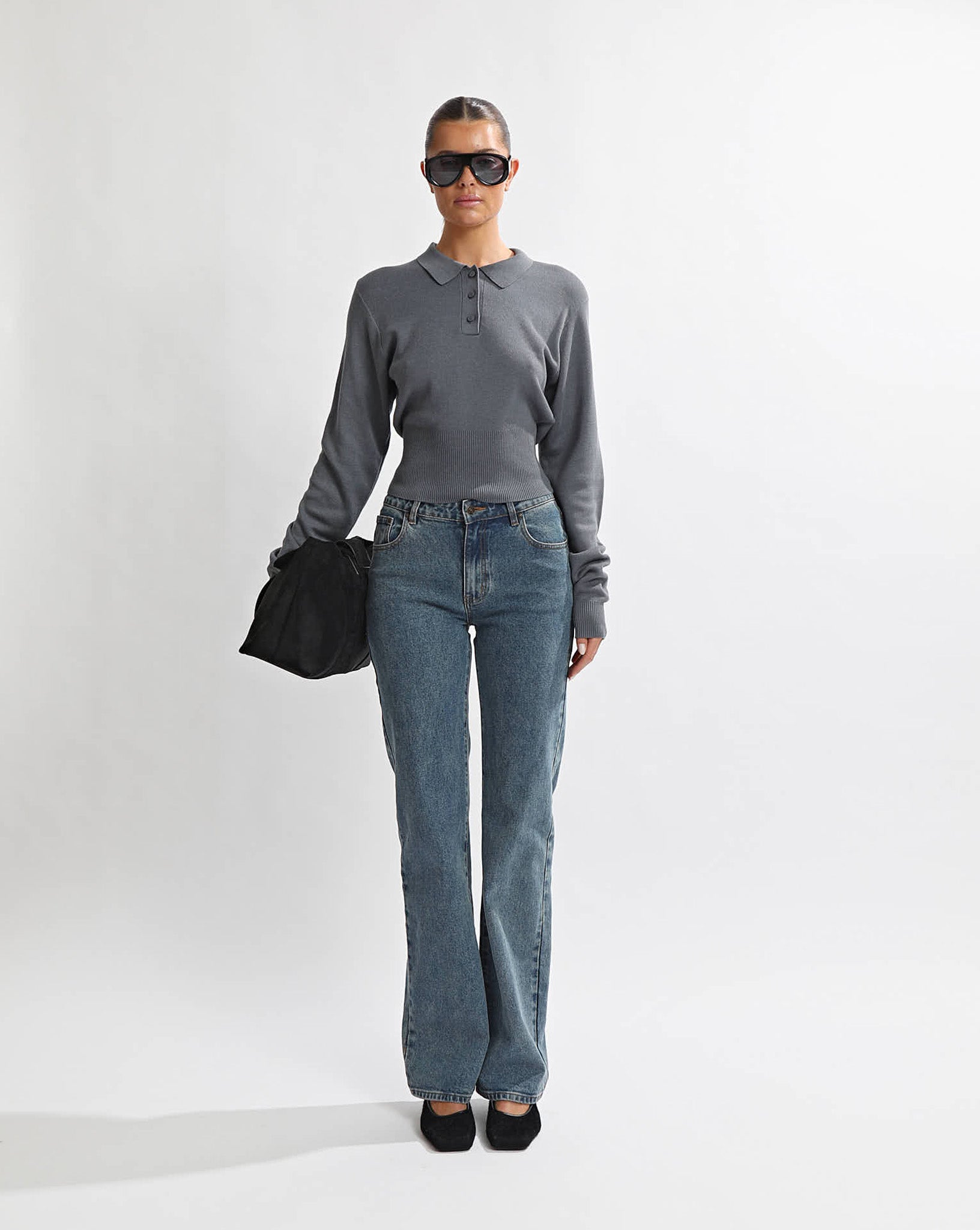 Blaire Knit Long Sleeve Top Blue/Grey