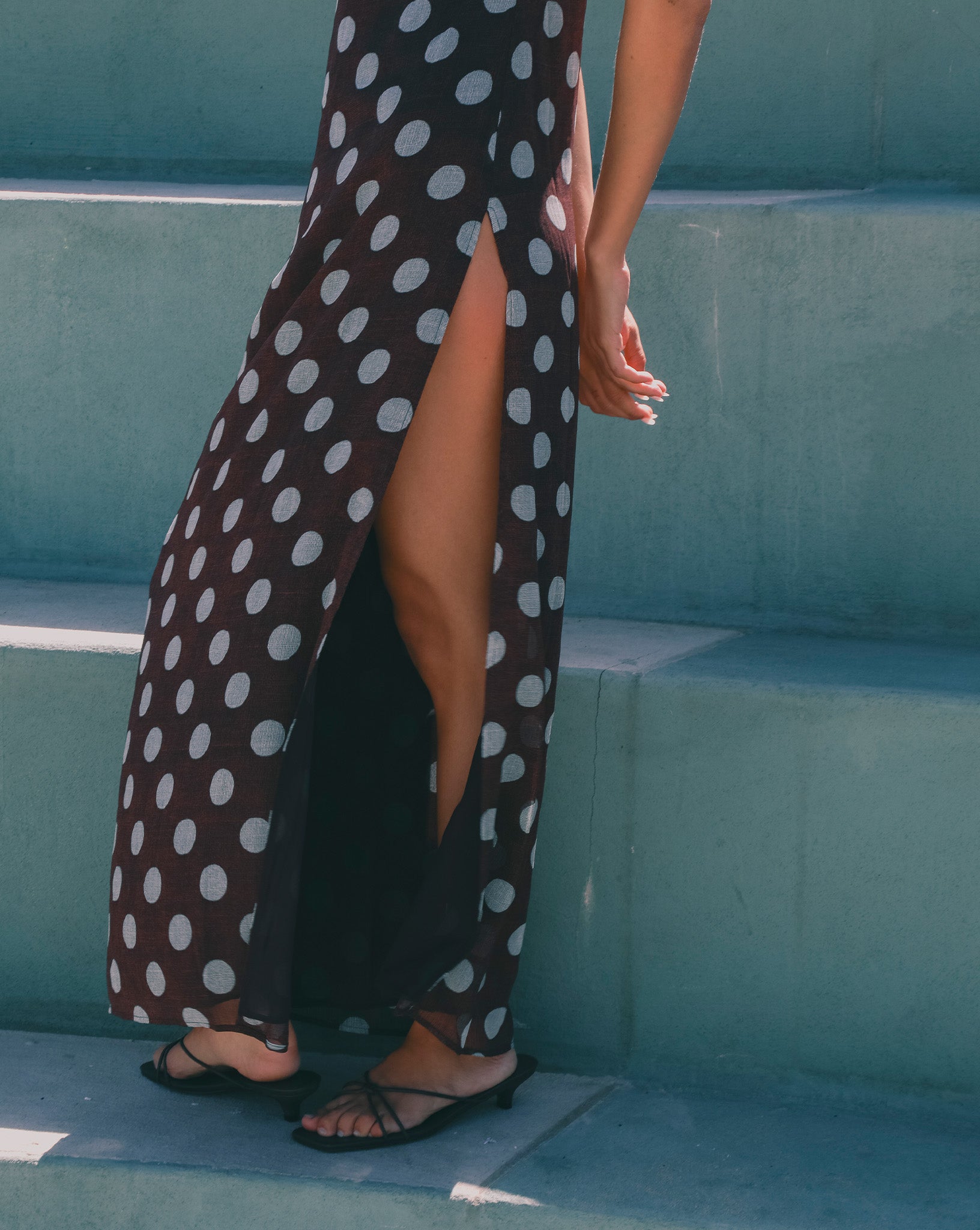 Suri Wrap Maxi Dress Brown/Blue Polka One Mile The Label Suri Wrap Maxi Dress Brown/Blue Polka One Mile The Label