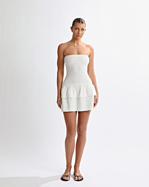 envie strapless mini dress white Evie Strapless Dress Off White – One Mile The Label