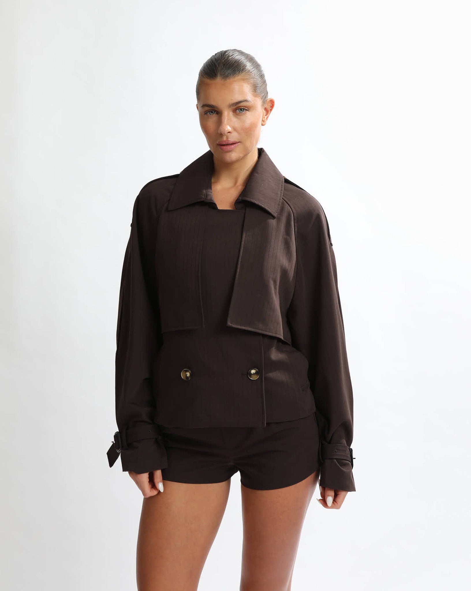 Emmy Cropped Trench Brown Stripe