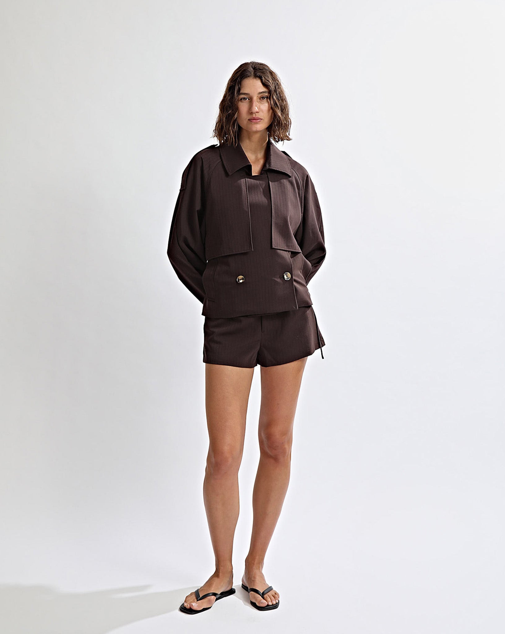 Emmy Cropped Trench Brown Stripe