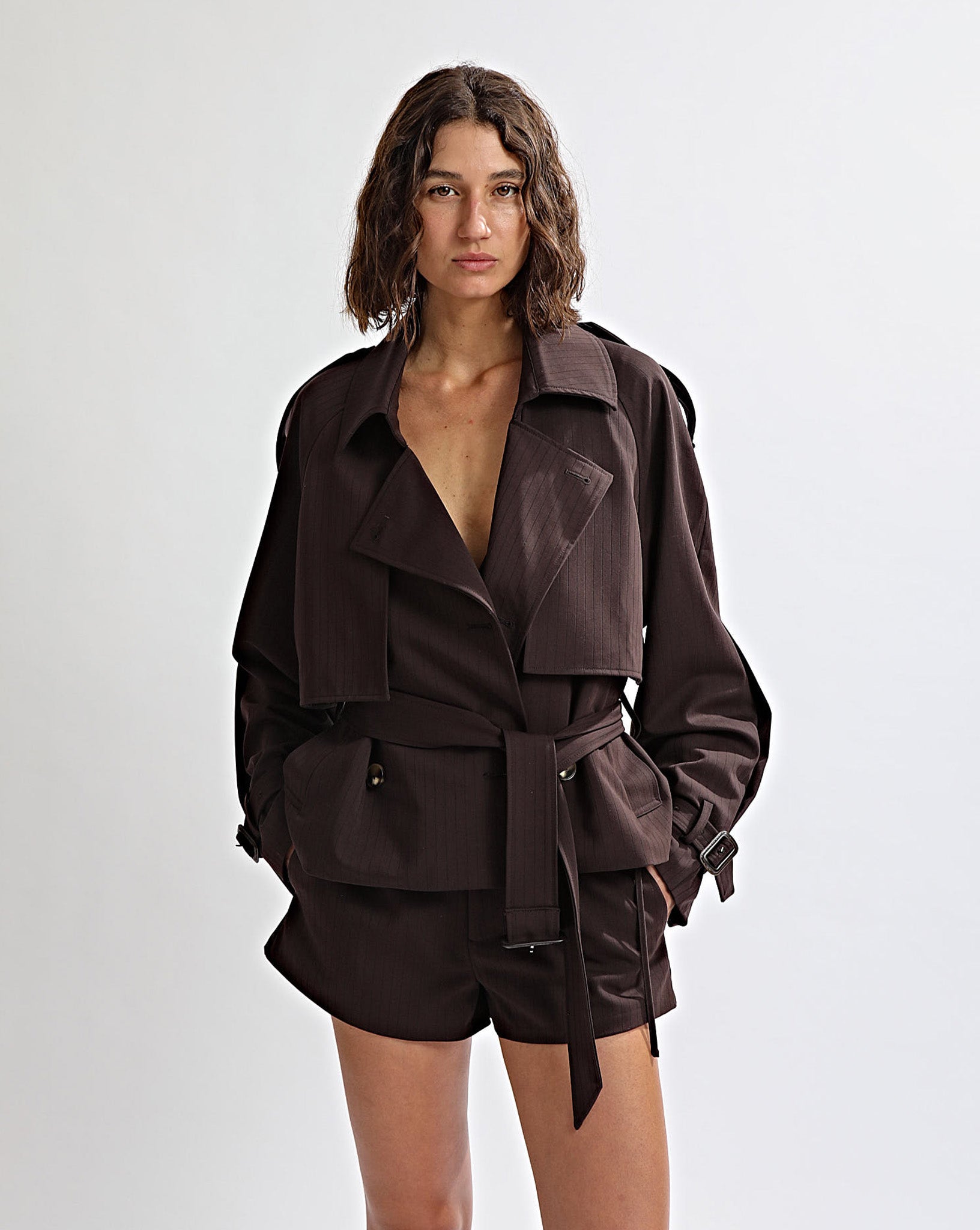 Emmy Cropped Trench Brown Stripe