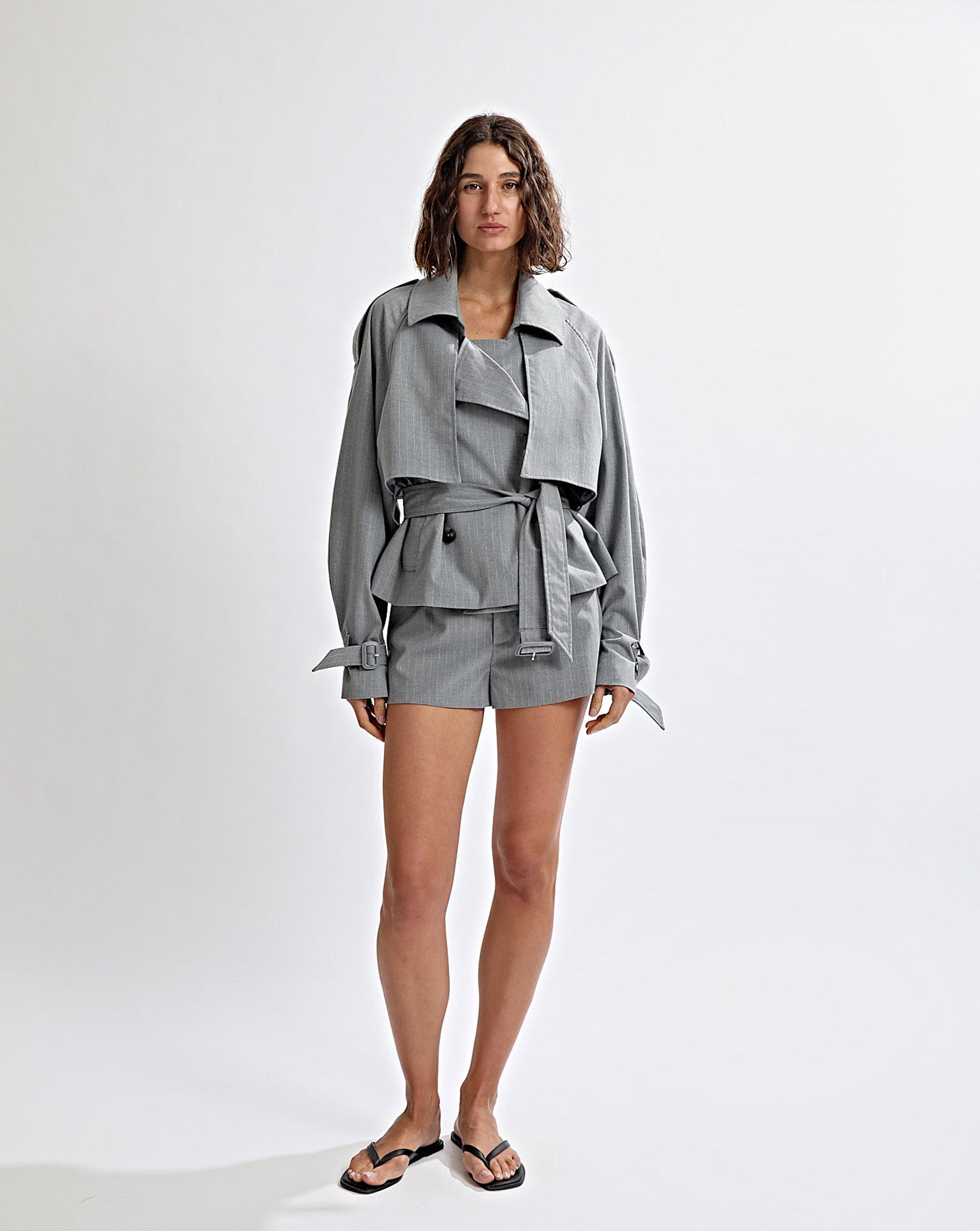 Luca Cropped Trench Grey Stripe
