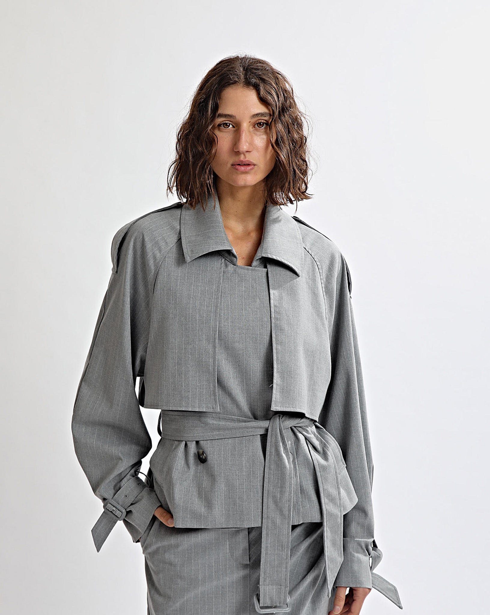 Luca Cropped Trench Grey Stripe