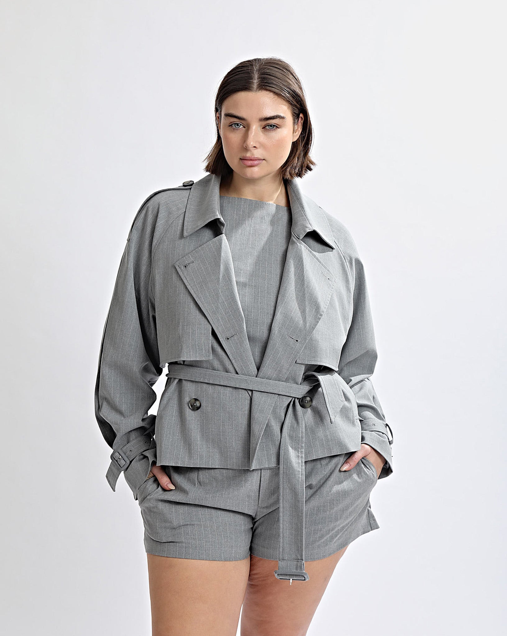 Luca Cropped Trench Grey Stripe